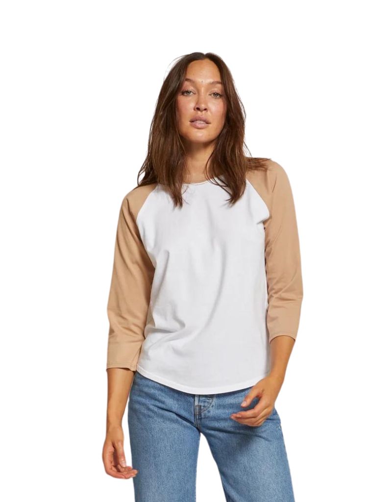 Tan & White 3/4 Sleeve Baseball Tee by Perfect White Tee - Ambiance Boutique
