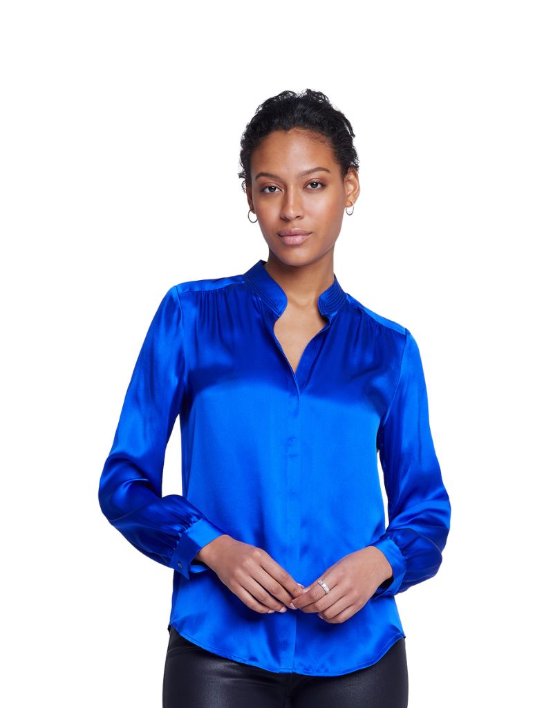 L'agence Bianca Band Collar Blouse in Pop Cobalt