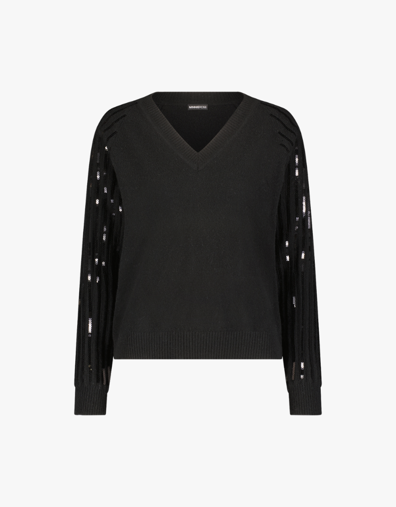 Minnie Rose Cashmere V-Neck with Sequined Sleeves in Black