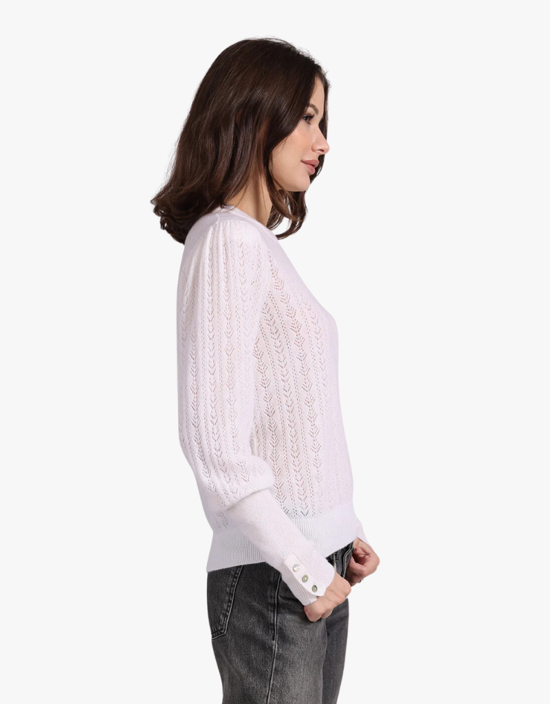 Minnie Rose Cashmere Blousant Sleeve Crew Neck Pullover in White