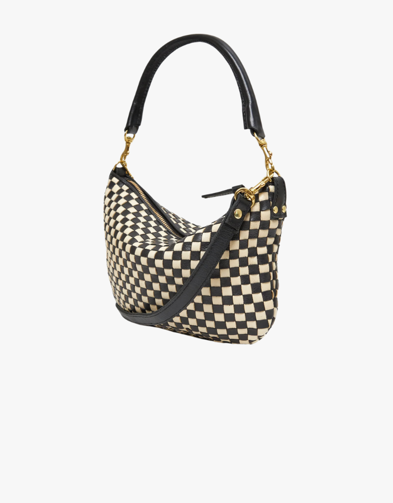 Clare V. Petite Moyen Messenger in Black & Cream Woven Checker