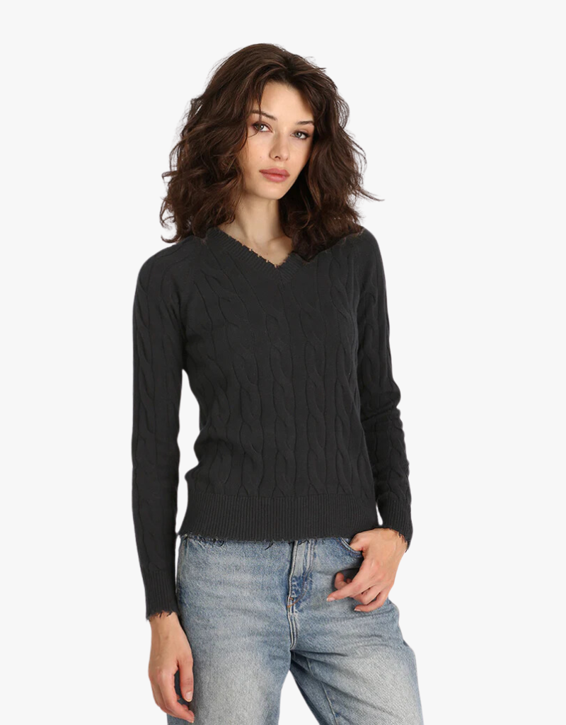 Minnie Rose Cotton Cable Long Sleeve V-Neck Sweater with Frayed Edges in Black