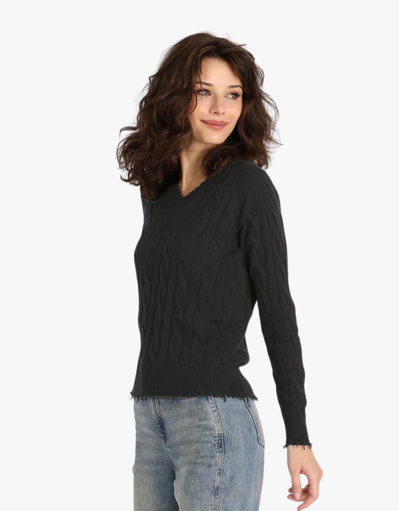 Minnie Rose Cotton Cable Long Sleeve V-Neck Sweater with Frayed Edges in Black