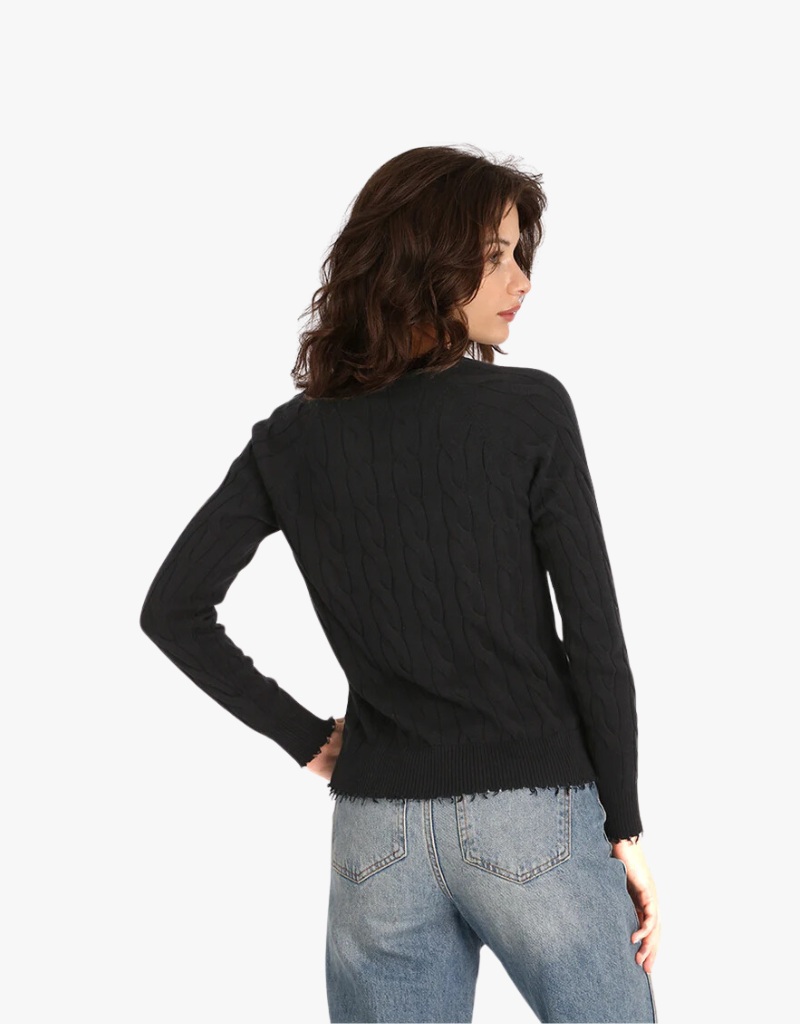 Minnie Rose Cotton Cable Long Sleeve V-Neck Sweater with Frayed Edges in Black