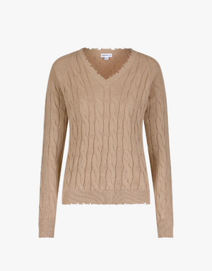 Minnie Rose Cotton Cable Long Sleeve V-Neck Sweater with Frayed Edges in Brown Sugar