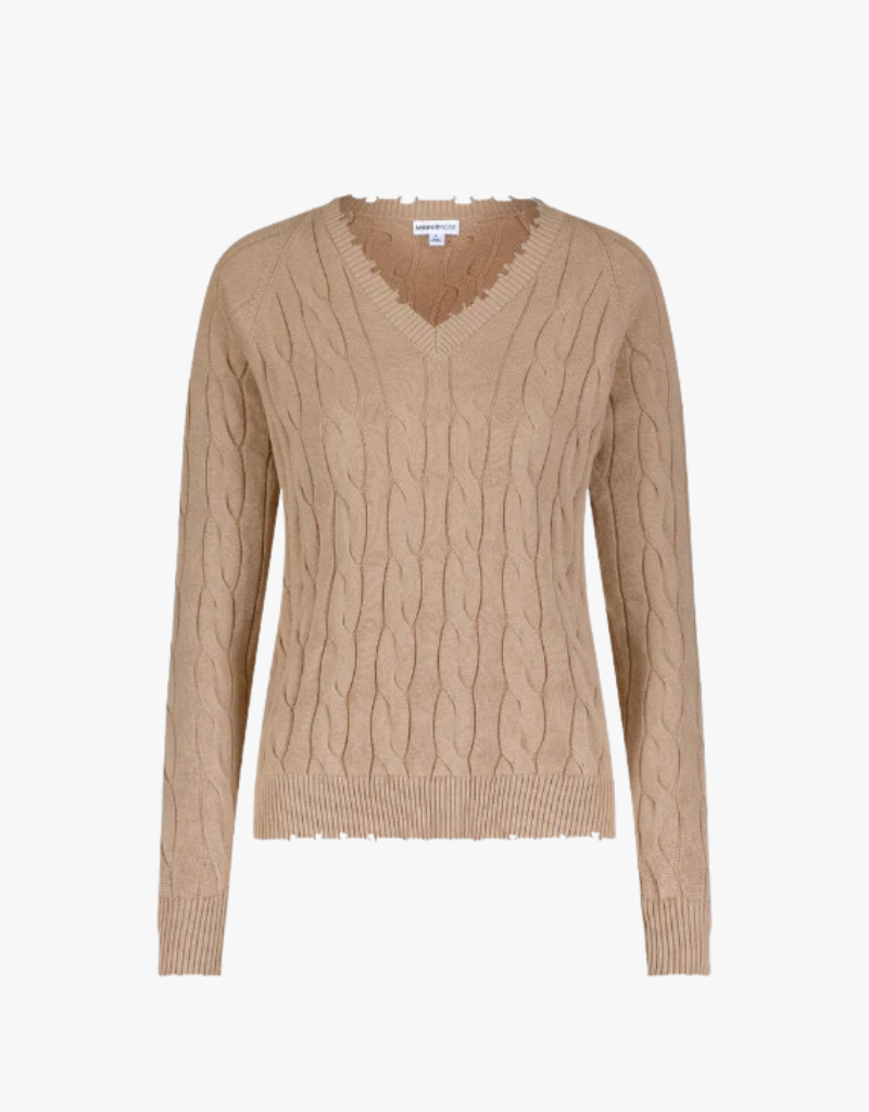 Minnie Rose Cotton Cable Long Sleeve V-Neck Sweater with Frayed Edges in Brown Sugar