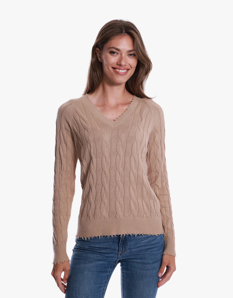 Minnie Rose Cotton Cable Long Sleeve V-Neck Sweater with Frayed Edges in Brown Sugar