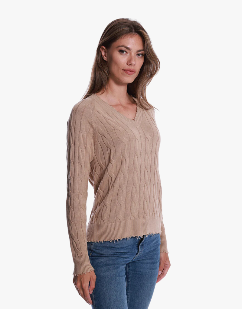 Minnie Rose Cotton Cable Long Sleeve V-Neck Sweater with Frayed Edges in Brown Sugar