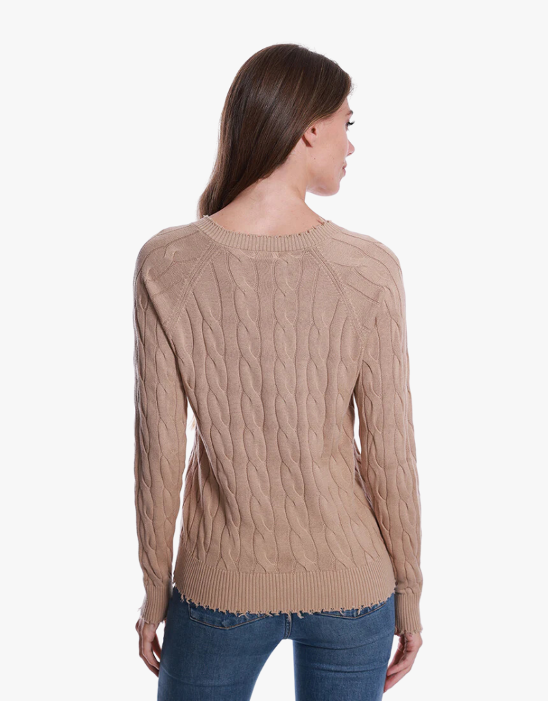 Minnie Rose Cotton Cable Long Sleeve V-Neck Sweater with Frayed Edges in Brown Sugar