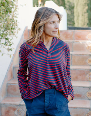 Frank & Eileen Patrick Popover Henley in Red & Navy French Stripe (Heritage Jersey)