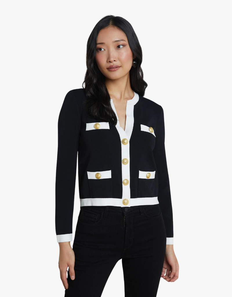 L'agence Estefania Contrast Trim Cardigan in Black & White