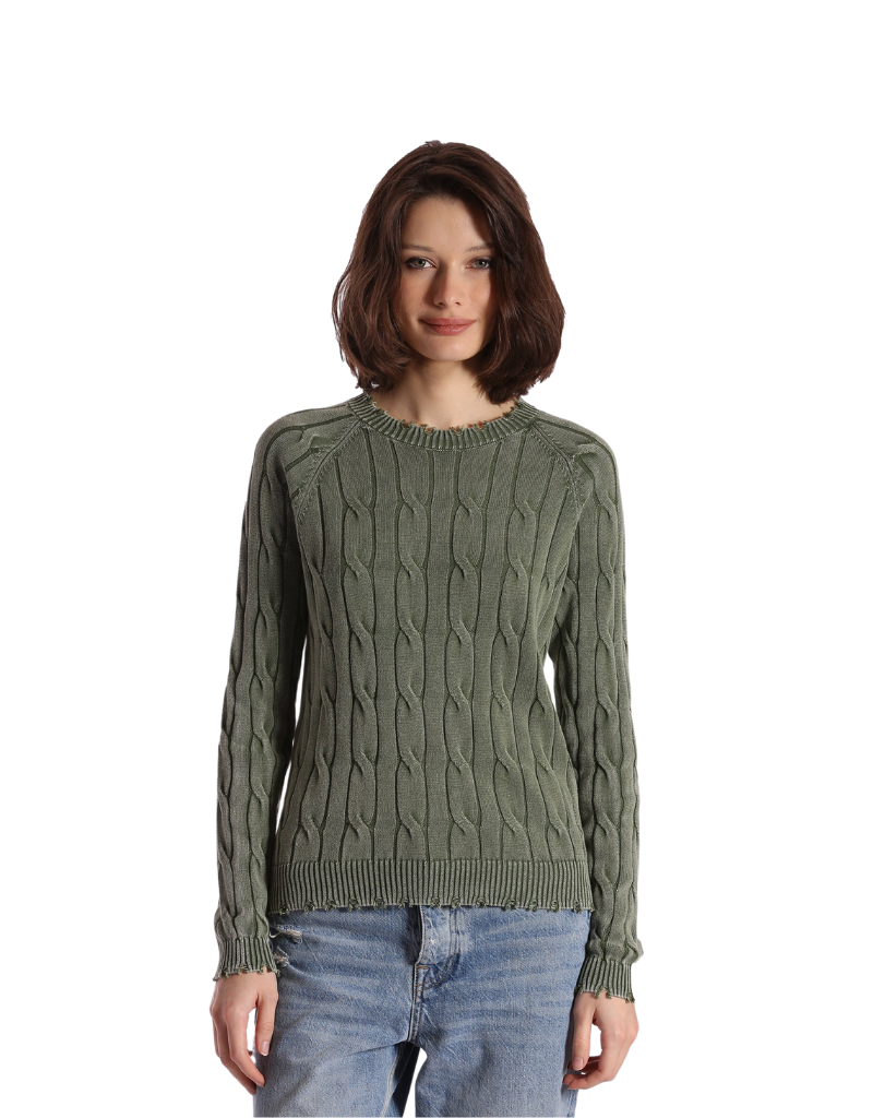 Minnie Rose Cotton Stone Wash Distressed Cable Crewneck Sweater in Garden Grove