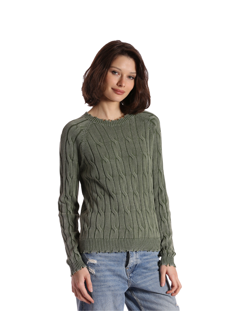 Minnie Rose Cotton Stone Wash Distressed Cable Crewneck Sweater in Garden Grove