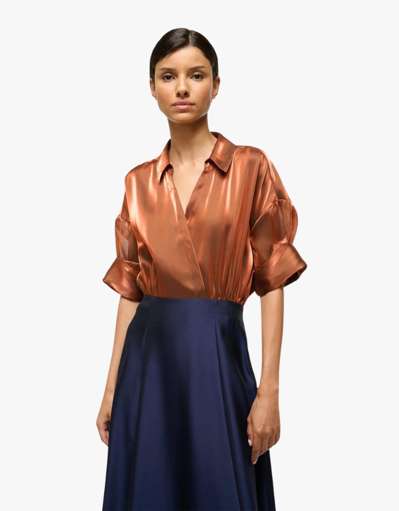 Staud Shubert Dress in Iridescent Cacao  & Midnight