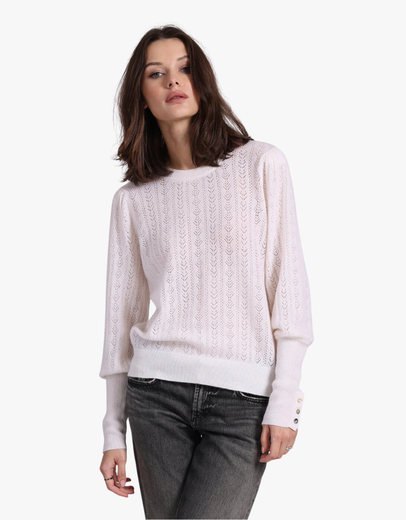 Minnie Rose Cashmere Blousant Sleeve Crew Neck Pullover in White